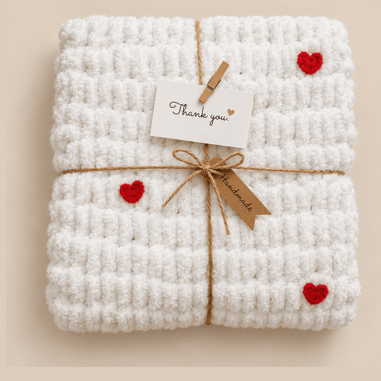 Heart Hand-Knit Baby Blanket – White
