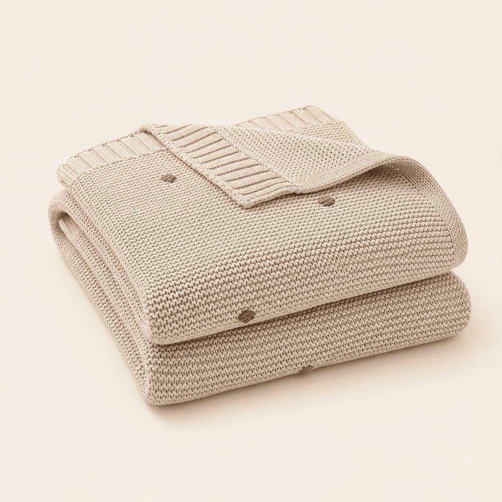 Knitted Baby Blanket with Pom Poms – Camel