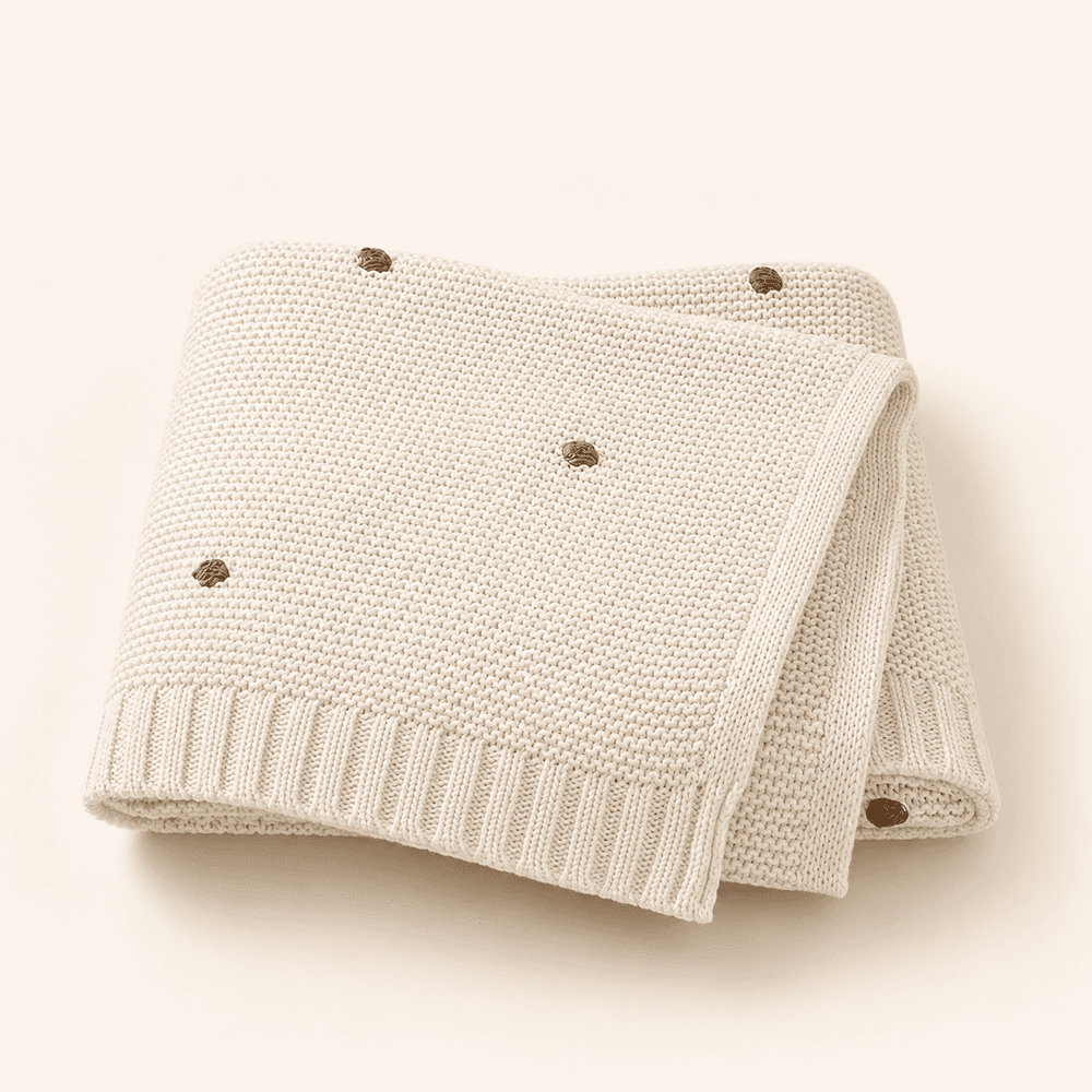 Knitted Baby Blanket with Pom Poms – White